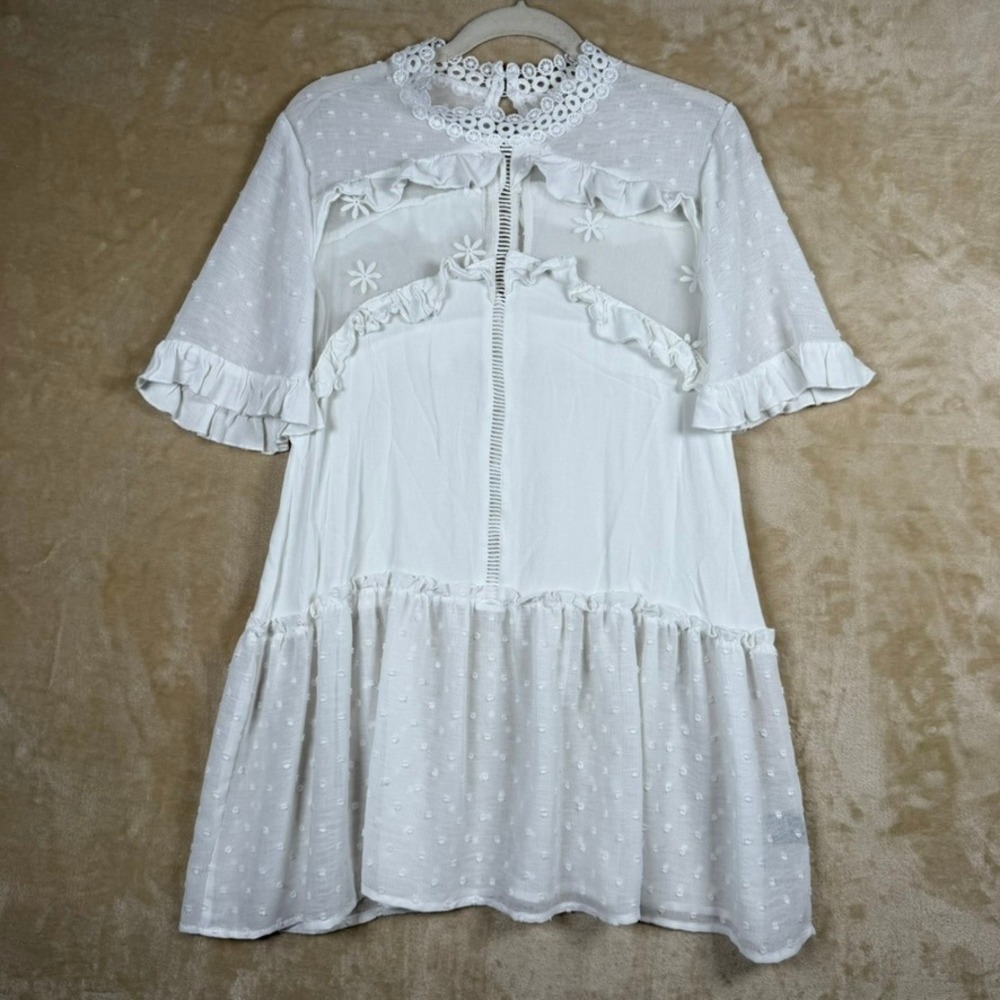 POL‎ White Swiss Dot Lace Ruffle Mini Dress HWD28 Womens Small Boho Cottagecore